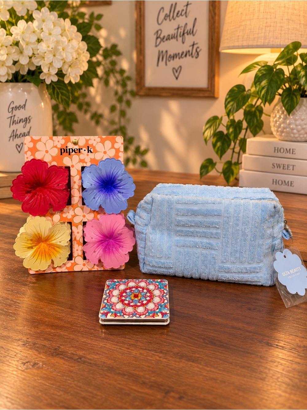 3 Pc Beauty Bundle | Piper K Floral Clips, ULTA Pouch & Jeweled Compact Mirror